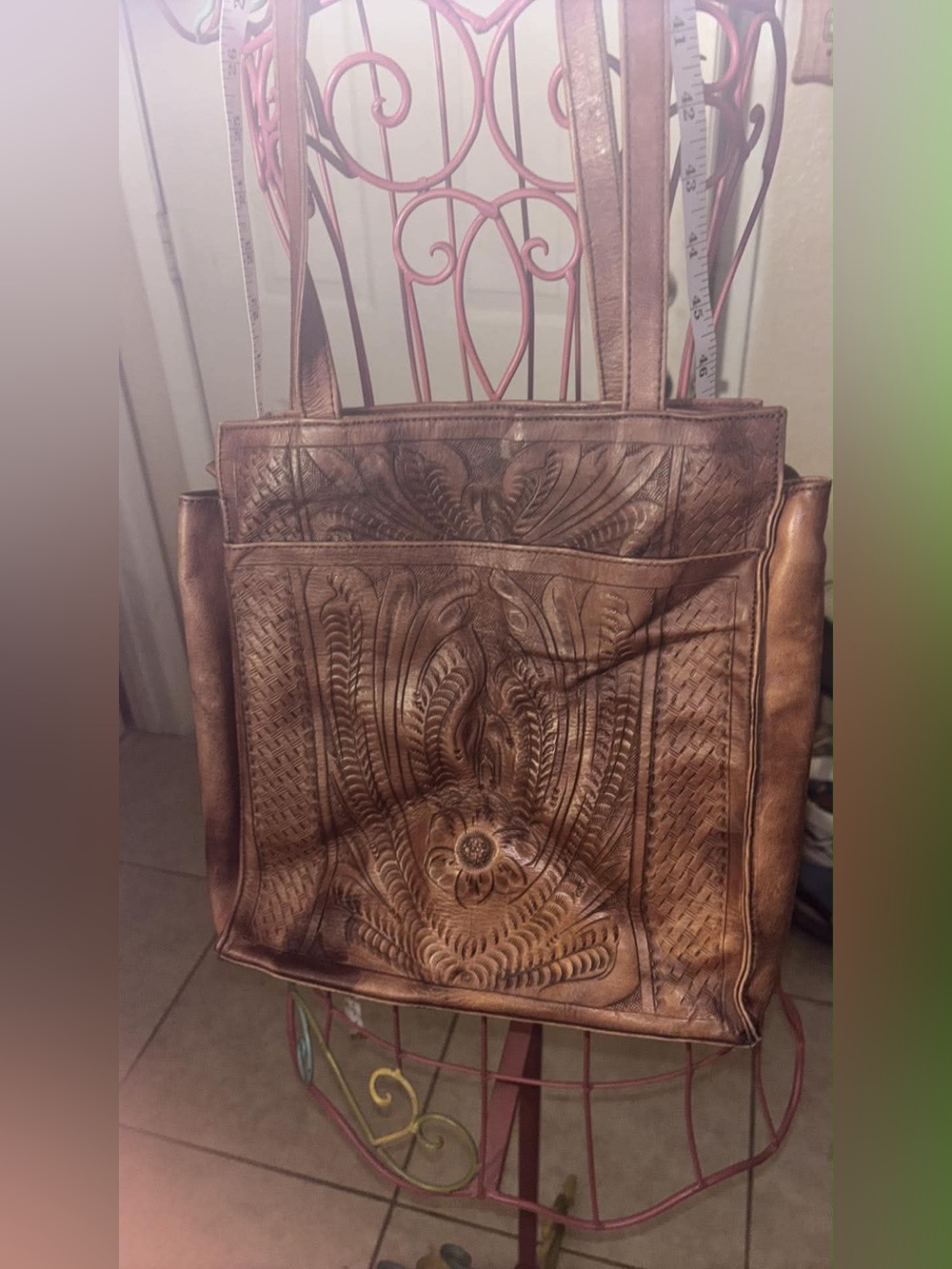 Hand-Tooled Brown Leather Tote Bag